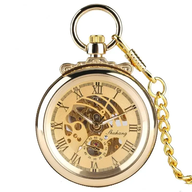 Vintage Yellow Golden Pocket Watch Handwinding Mechanical Watches Roman Numeral Display Open Face Clock with Pendant Chain