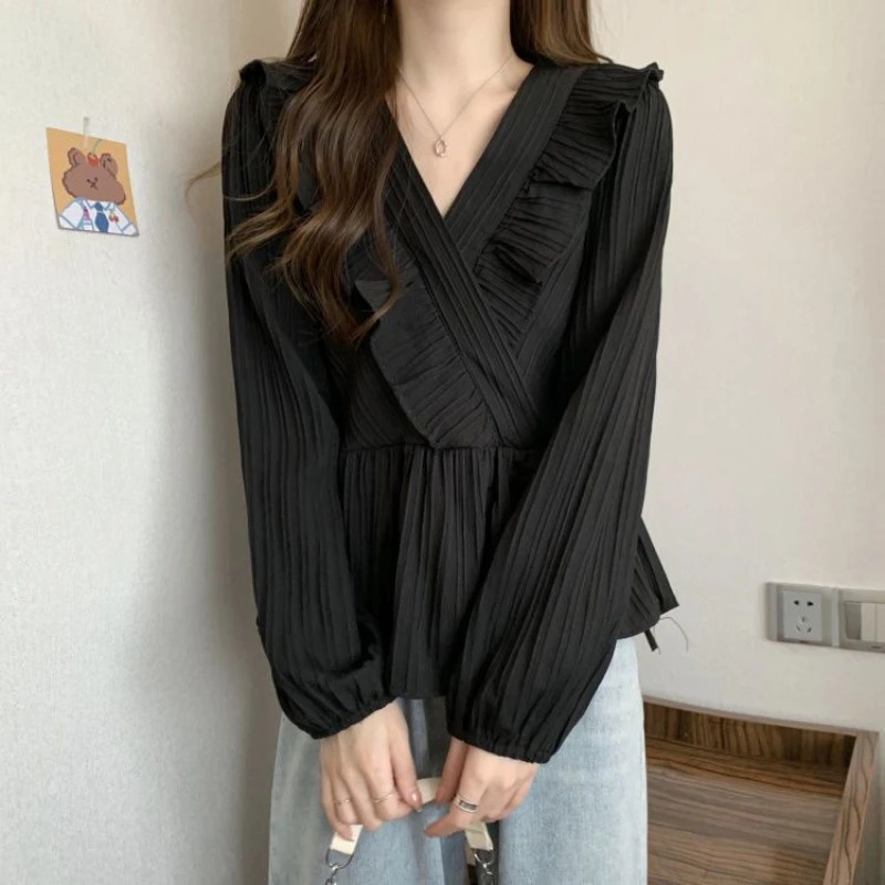 Women Clothing V Neck Ruffles Loose Casual Shirt Tops Spring Autumn New Long Sleeve Pleated Solid Korean Blouse Sweet Fashion