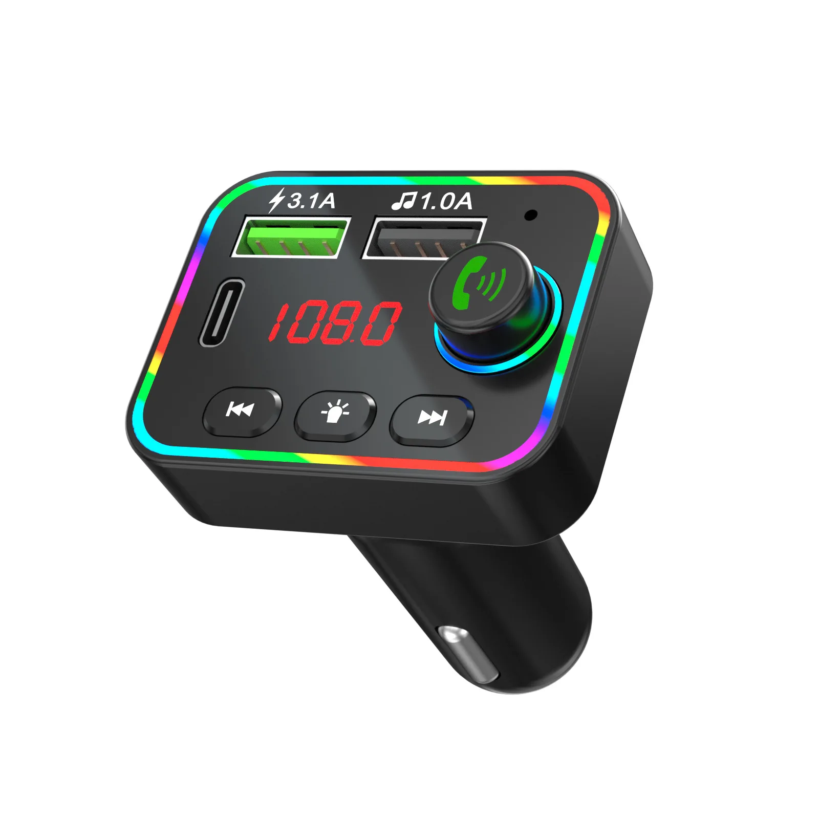 

2021 New F4 Car MP3 Bluetooth Broadcaster Colorful Breathing Light QC3.1AU Disk Music PD Fast Charging Dual Port