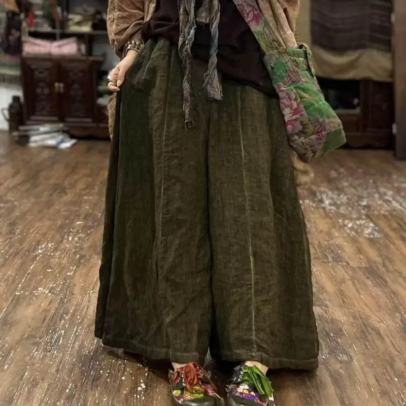 2026 Spring Autumn Arts Style Women Elastic Waist Loose Ankle-length Pants High Quality Cotton Linen Vintage Wide Leg Pants
