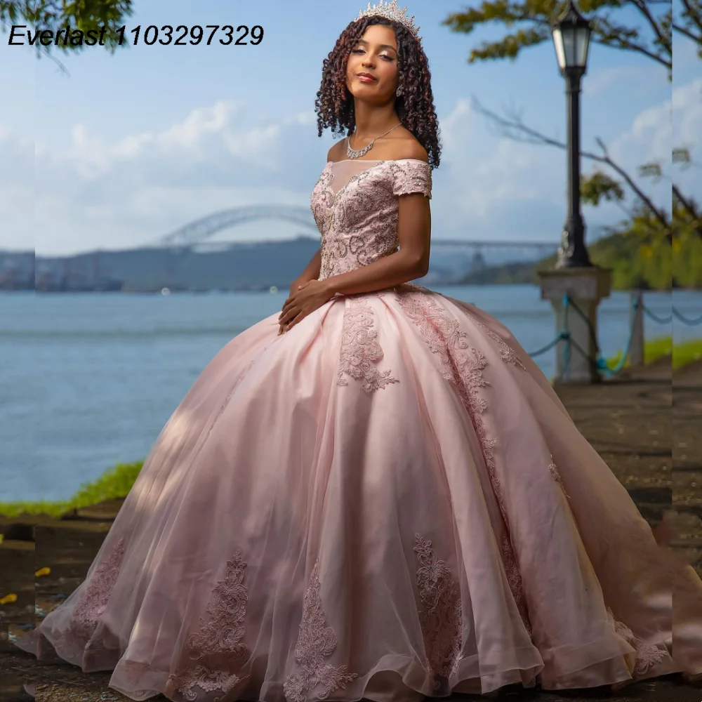 

EVLAST Customized Glitter Blush Pink Quinceanera Dress Ball Gown Lace Applique Beaded Corset Sweet 16 Vestido De 15 Anos QD1185