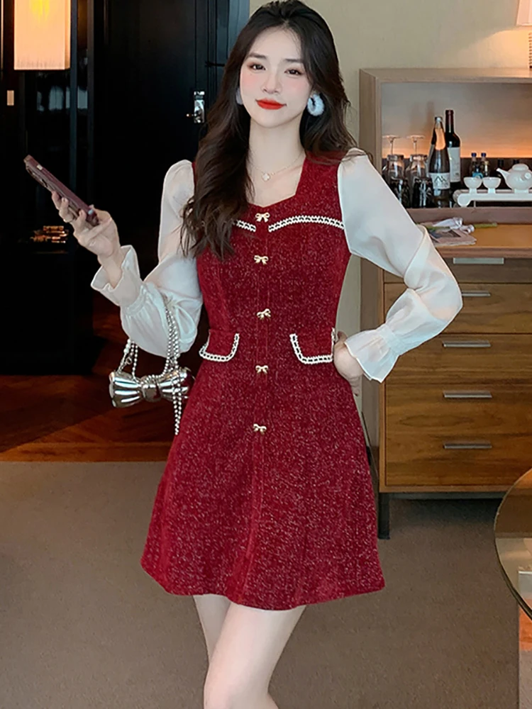 Autumn Winter Red Bright Silk Chenille Luxury Evening Dress Women Elegant Bodycon Short Dress 2024 Korean Vintage Party Vestidos