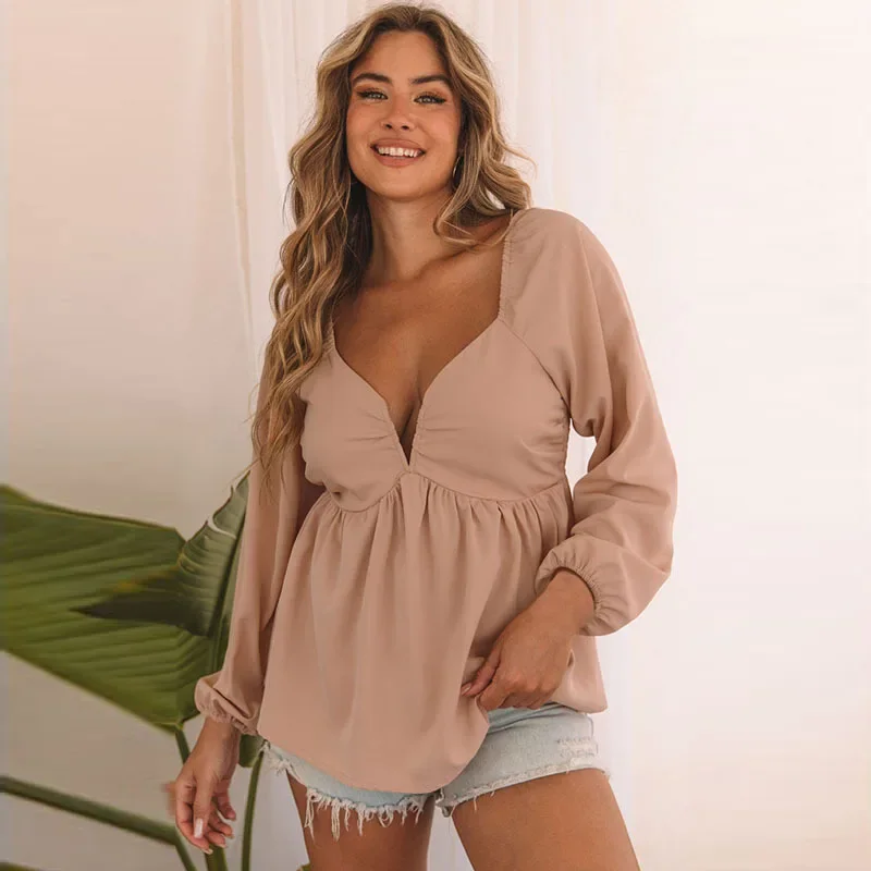 Chemise à Manches sulfet Col en V pour Femme, Sexy