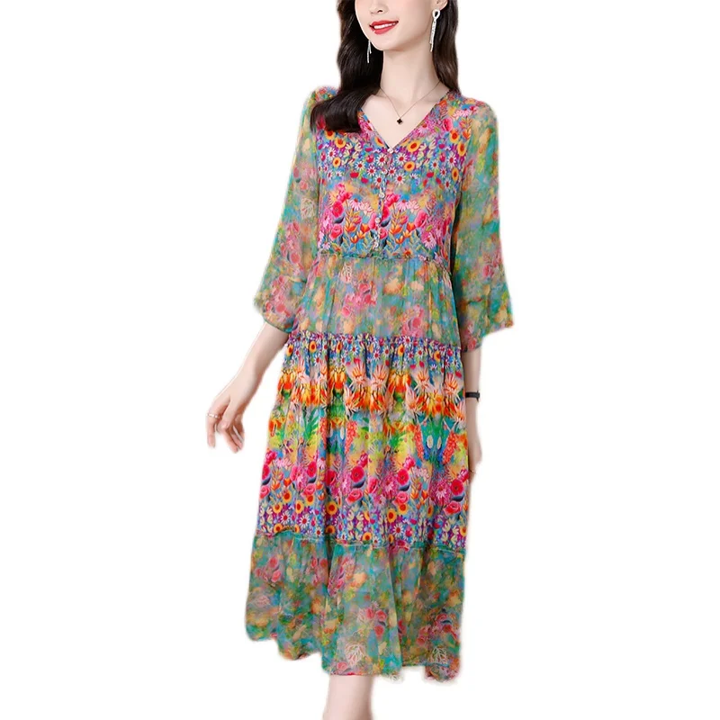 Summer Dress 2023 Woman Silk Floral Dress Elegant Long Beach Vintage Dresses for Women