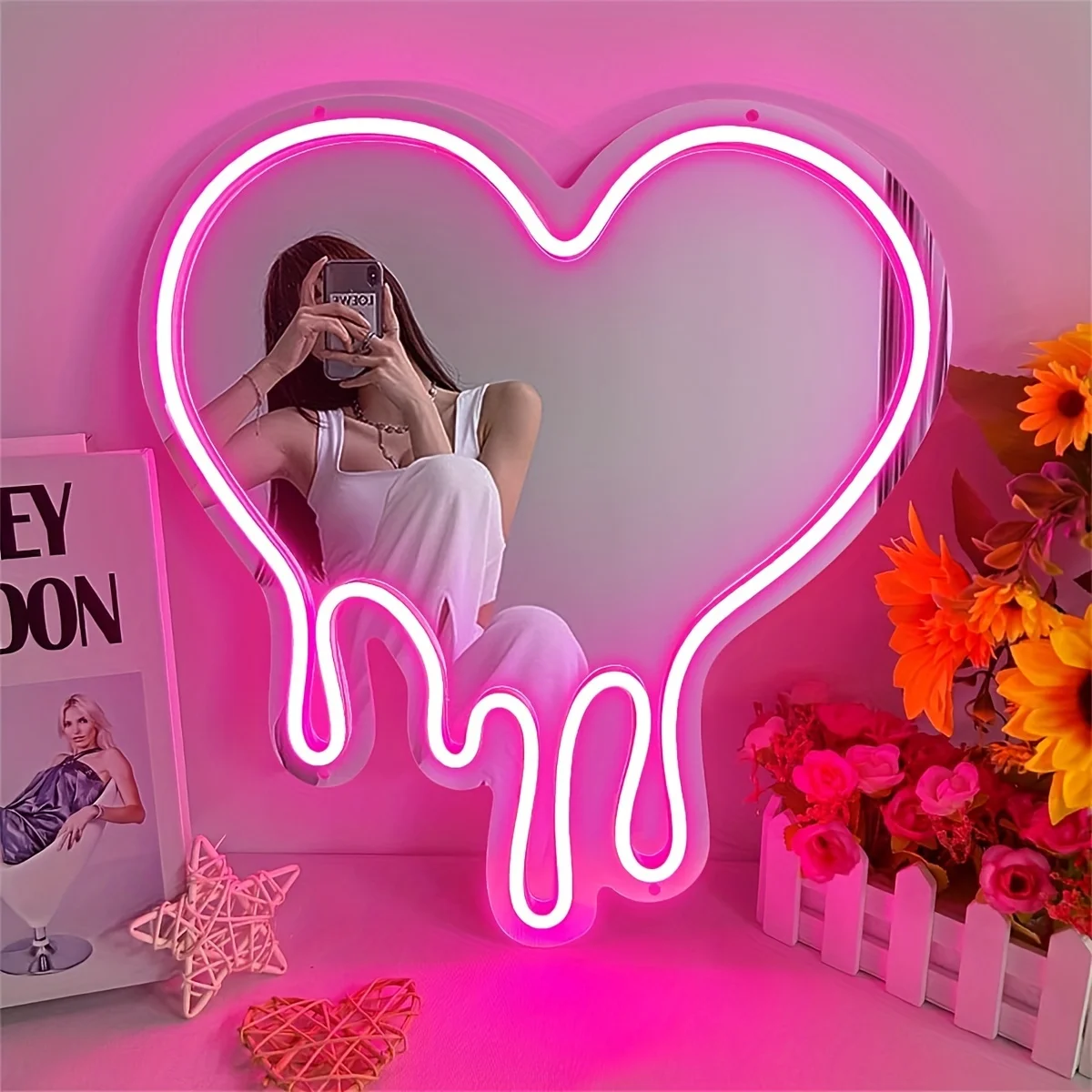 LED Heart Neon Sign Light for Bedroom Girl\'s Room Party Studio Shop Decor Melt Heart with Pink Mirror Sign Perfect Birthday Gift