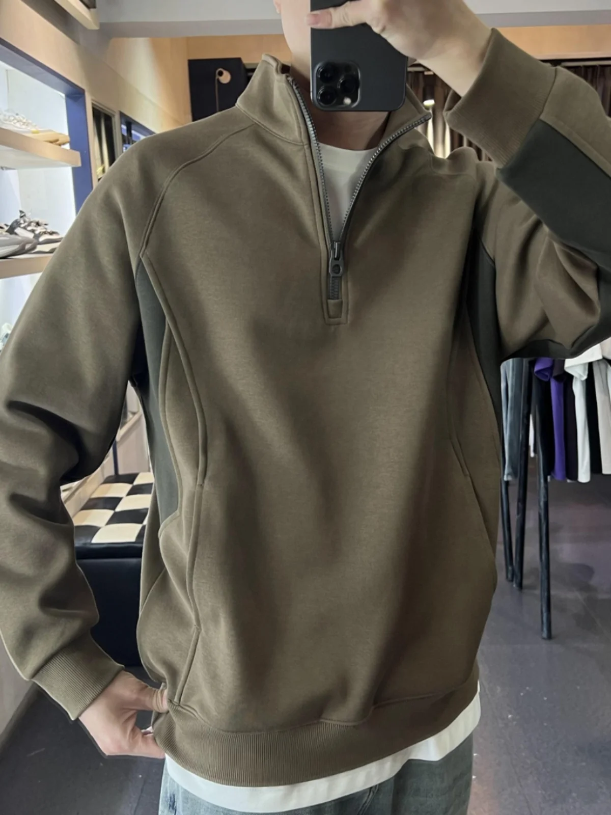 

Zippered Fce-Lined Oversized Hoodie Men's Autumn Winter New Sle Patchwork Color Blo Loose Fit Stand Collar Sweatirt