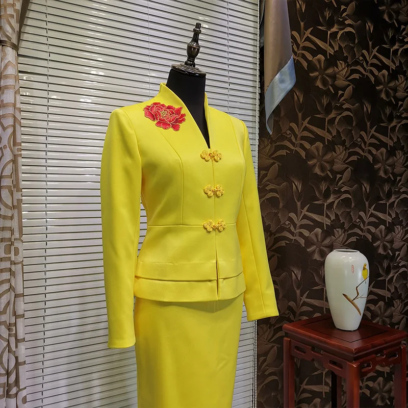 New Customize Blazers Suit Yellow Skirt Suit Women Top Grade Formal Suits Luxury V-neck Tang Blazer & Suits with Emboridery