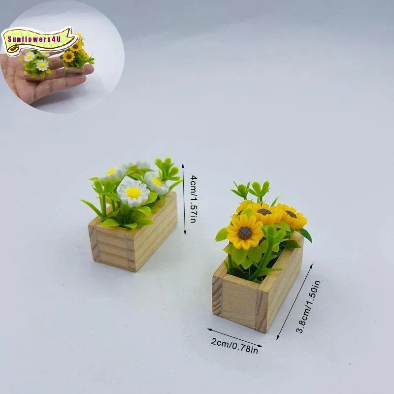 1Pc Mini Sunflower Green Potted Plant in Wooden Box Realistic Floral Decor for Dollhouse Kids Room Tabletop Decoration Gift