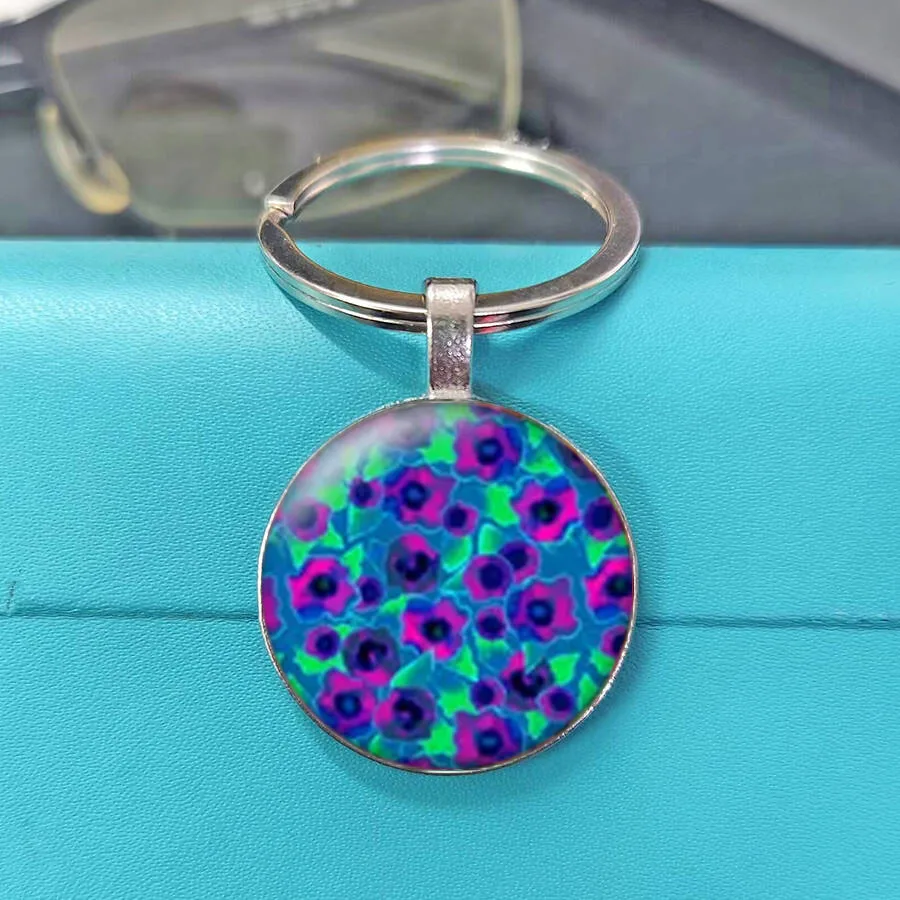 Multi-Style Fruit Floral Stripe Round Metal Key Holder, Mixed Botanical Fruit, Retro Blossom, Pastel Kawaii Stripe Pendant