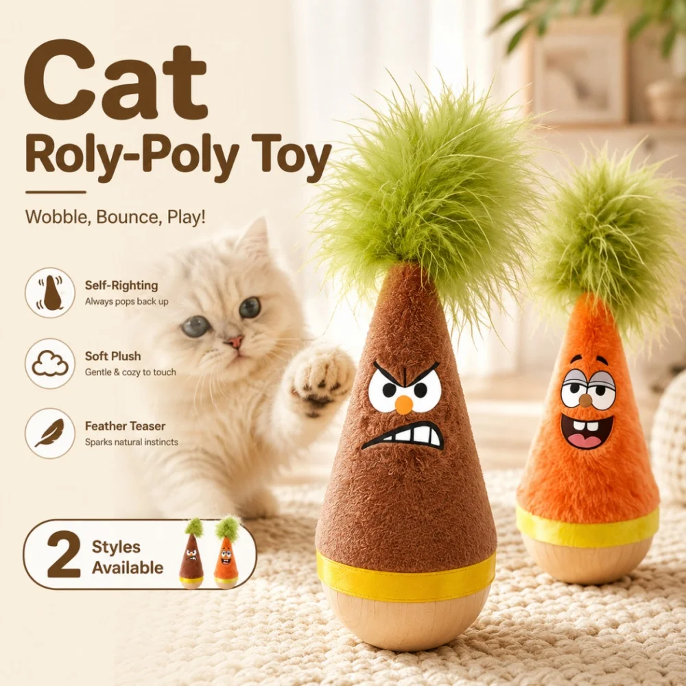 Wooden Cat Balance Toy Swatting Chasing Activity Interactive Feather Ball Self Balancing Indoor Pet Kitten Accessories