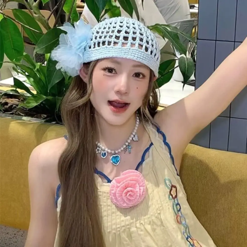 Cute Handmade Crochet Flower Hat Thin Korean Hollow Out Knitted Hat Bohemian Style Ethnic Style Beanies Hat Outdoor