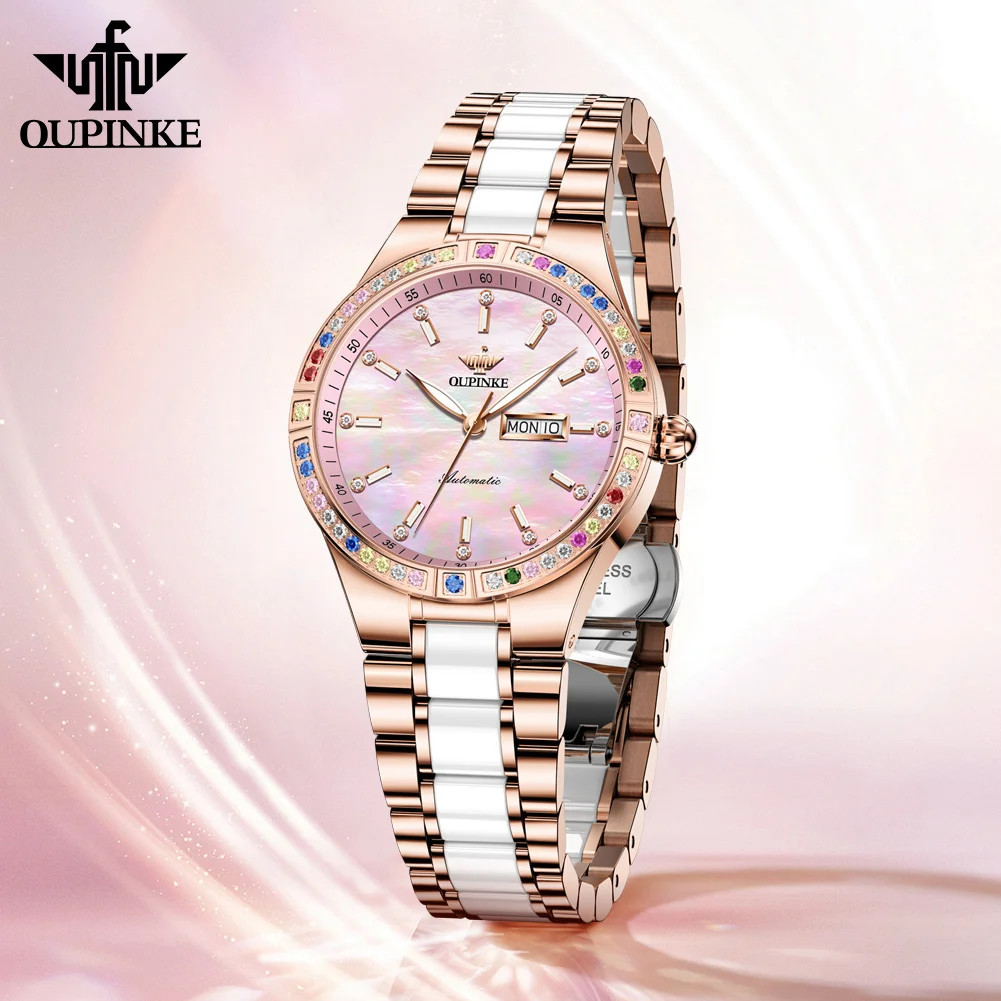 OUPINKE Women Automatic Mechanical Watch 6 Color Gems Top Brand Luxury Ceramics Waterproof Watches Ladies Clock reloj mujer New