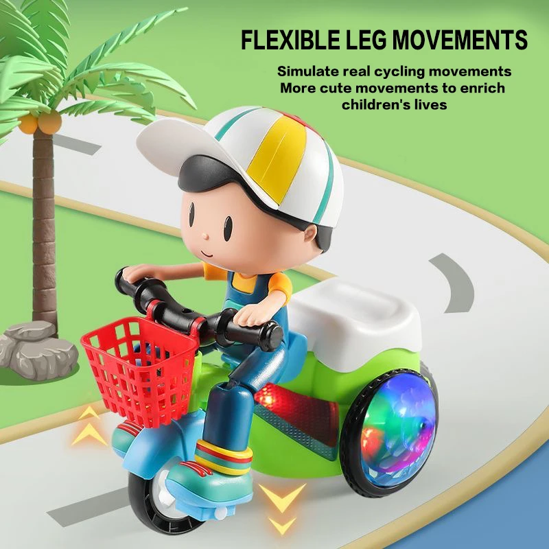 A cute little boy riding a tricycle with electric toys, spinning stunts, sound and light, is the perfect gift for babies
