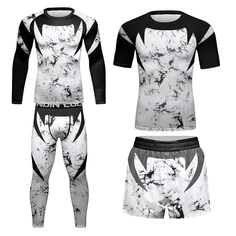 4 Pieces Rash Guard Sets FOR Men High Elasticity Compression Jiu Jitsu MMA Muscular Cool Tracksuit Male Fitness Gym Rashguard