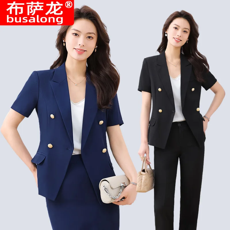 

Высококачественный женский летний тонкий костюм.2025Новый высококачественный профессиональный наряд со стильным дизайном со средними рукавами для официальной рабочей одежды.