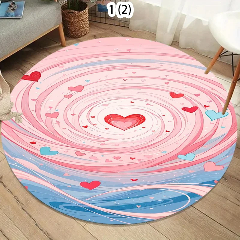Cute Pink Blue Swirl Heart Round Area Rug Non Slip Floor Mat Sweet Valentine Love Pattern Rug for Girls Bedroom Entryway