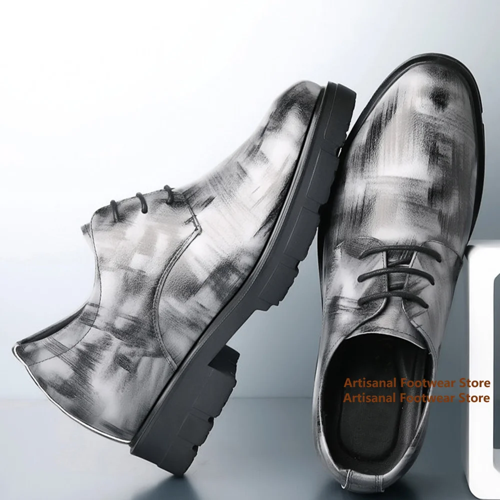Men's Abstract Ink Brush Print Leather Oxford Shoes Height Increasing Lace-Up Round Toe Thick-Soled Business Formal Dress Shoes