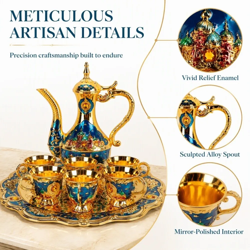 Shiny Crystal Tray Turkish Coffee Pot Set Vintage Durable Vintage Coffee Cup Set Zinc Alloy Metal Cup Set Table Decor
