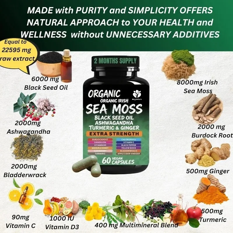 seaweed, black seed oil, turmeric, ginger, swordfish, burdock, vitamins, elderberry, manuka honey, dandelion apple cider vinegar