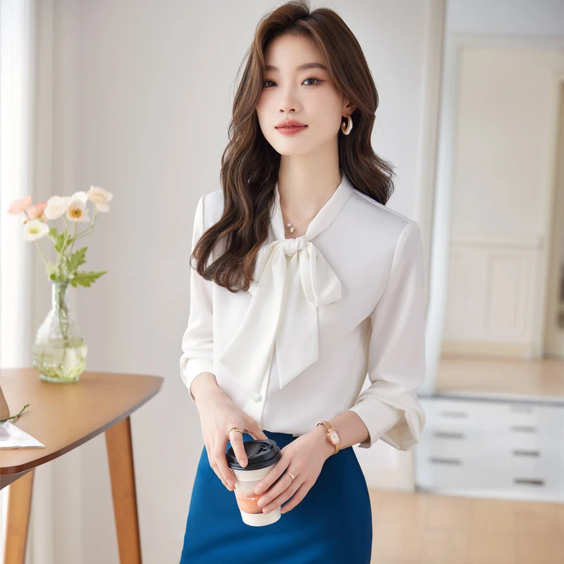 NAVIU Wine Red Shirt Women Spring Autumn New Elegant Temperament V Neck Bow Tie Blouses Office Ladies Work Tops White