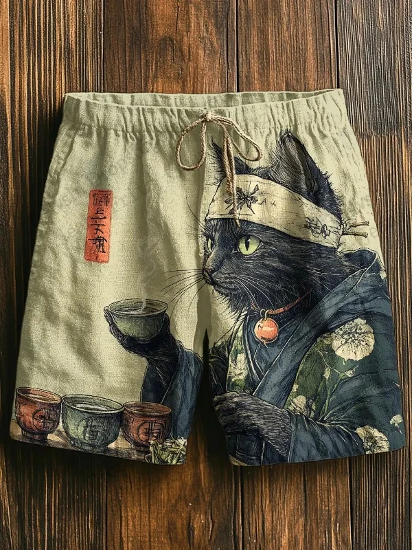 Men's Board Shorts Men Short Cartoon Samurai Cat Drink Animal 3d Hawaiian Beach Short Swim Trunk Swimsuit Sports Pant Boy Brief