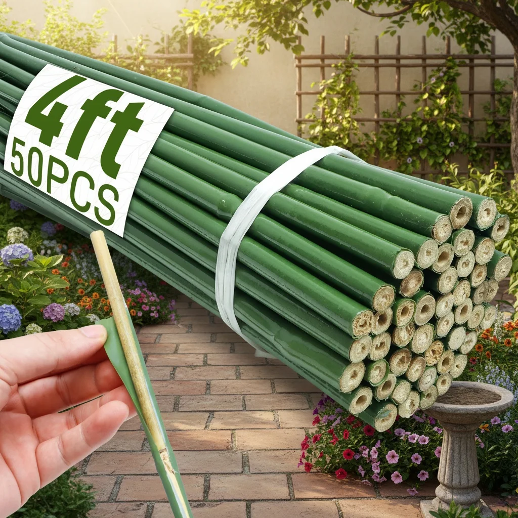 50pcs 4FT/3FT/16in Bamboo Plant Stakes, Plastic Coating Wrapping Plant Stakes, Garden Plant Stakes For Indoor