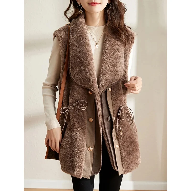 Lamb Wool Vest Jacket Women Autumn Winter Solid Color Thick Sleeveless Coat Chaleco Mujer Fashion Drawstring Female Waistcoat