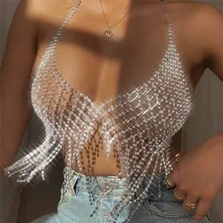 Rhinestone Hollow Mesh Body Chain Harness Top Bra Body Jewelry for Women Luxury Crystal Tassel Lingerie Bikini Chest Chain Bra