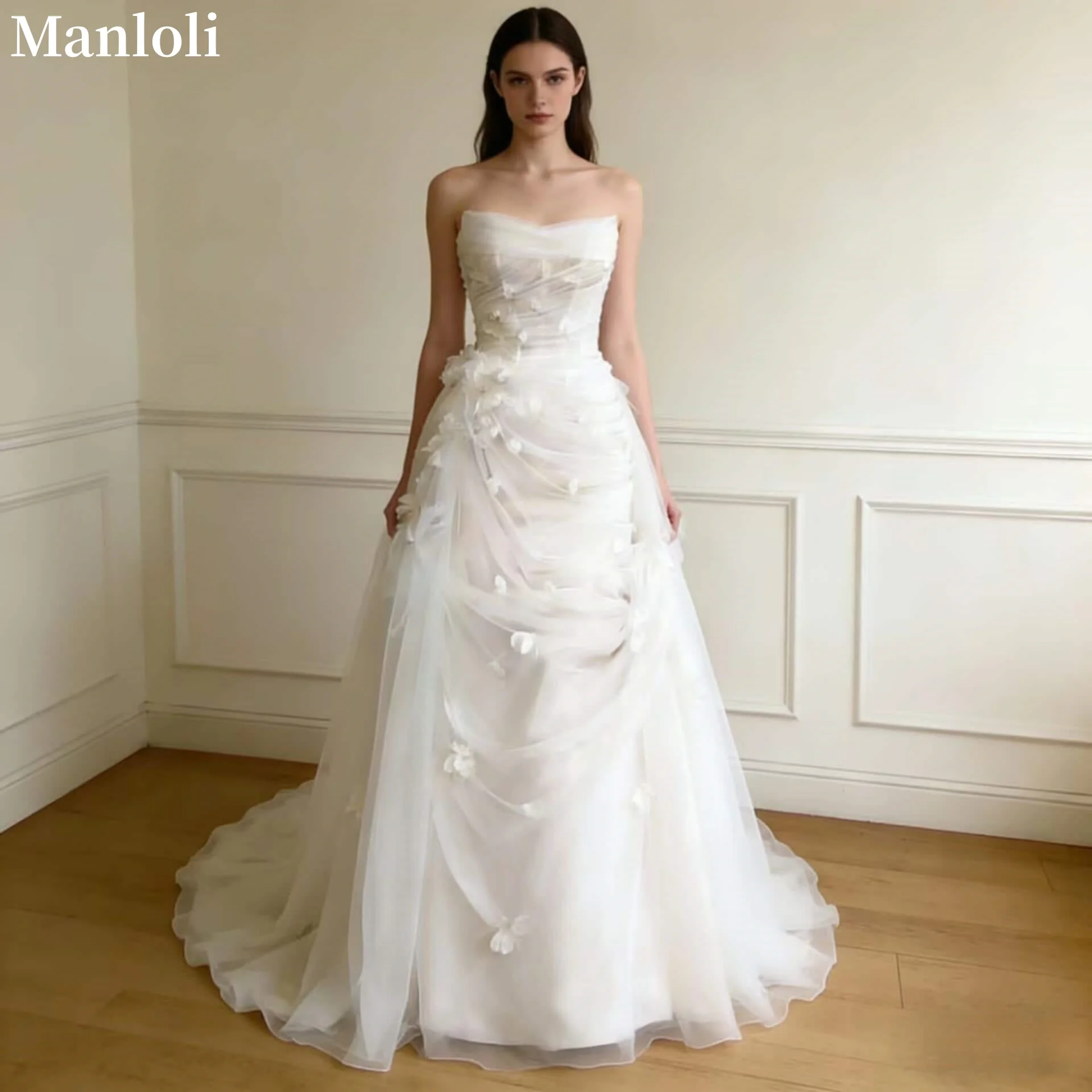 Romantic Strapless Prom Dresses 3D Decal A-line Wedding Dress Tight Corset Sleeveless Tulle Pleated Bridal Gown Customized