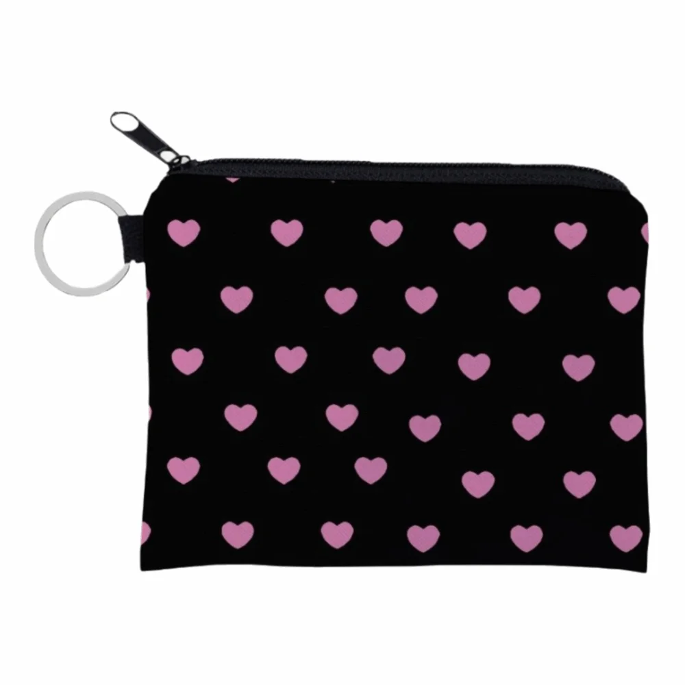 Love Heart Black Coin Purse with Key Ring Printed Zipper Makeup Bag Zip Pouch Easy Access Coin Key Card Holder Women Cosmetic