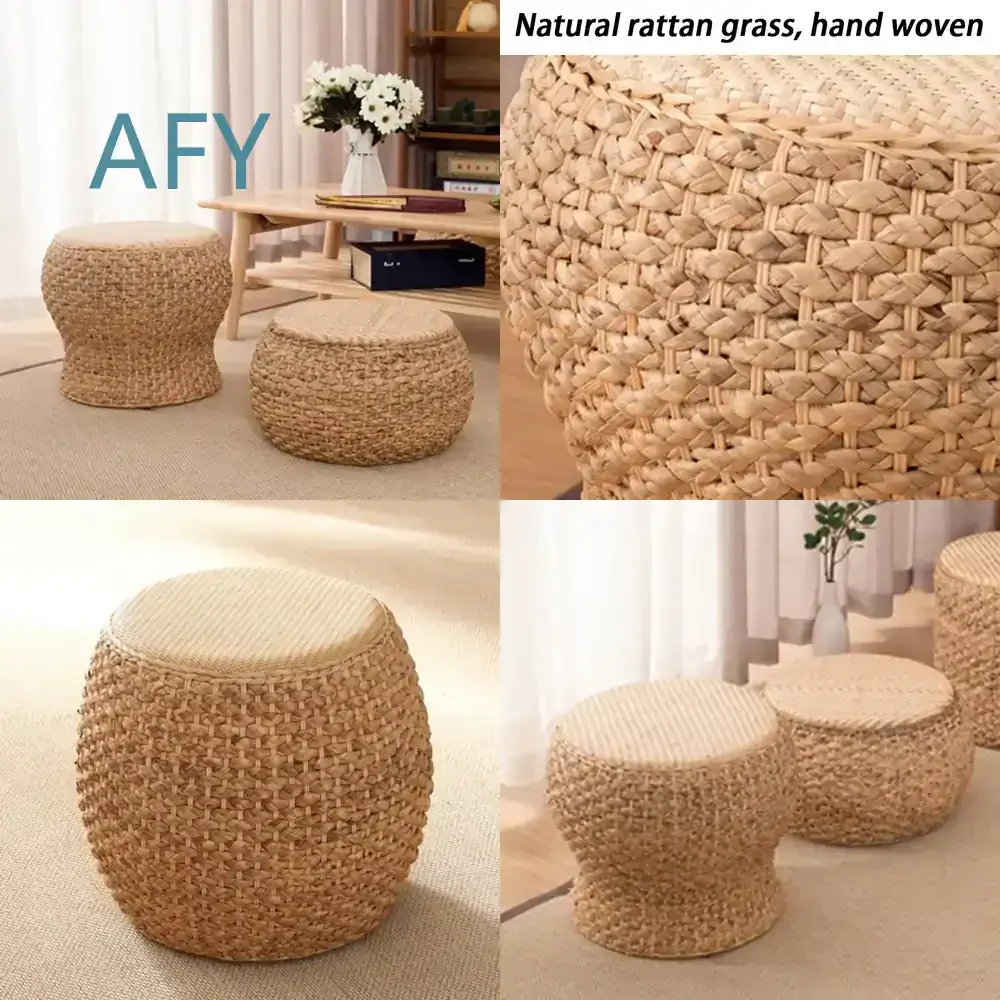 Rattan Stools for Kitchen Portable Hallway Ottoman for Bedroom Shoe Changing Footrest Round Low Living Room Ottomans Home