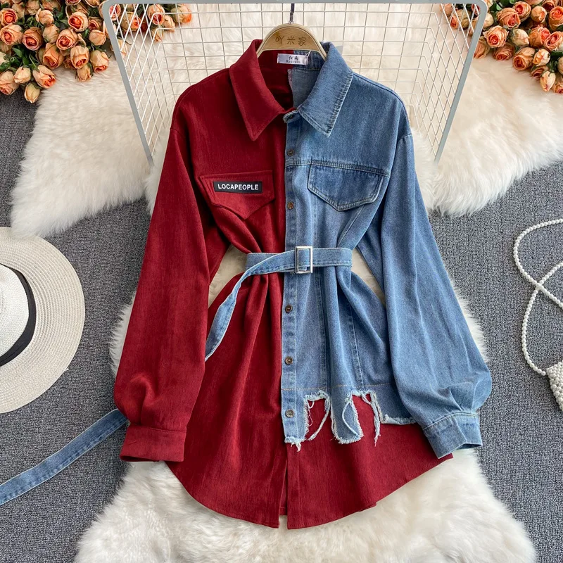 Denim Patchwork LapeL Dress For Autumn Winter, New Korean Version With Slim Waist And Irregular Mid Length Shirt 480g