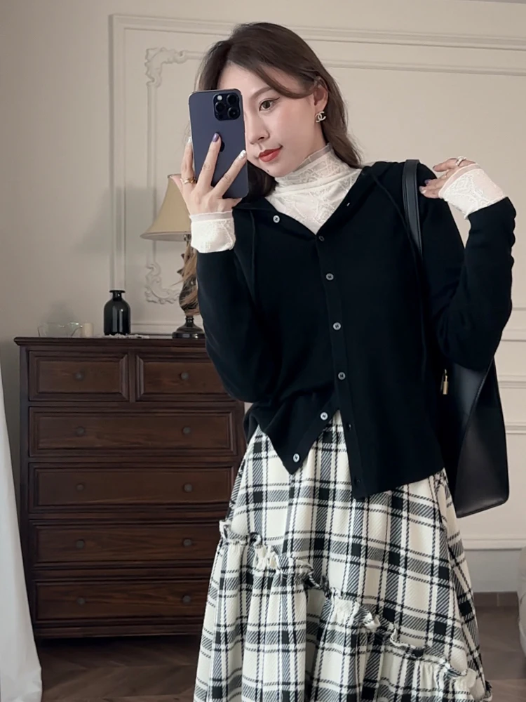 

Zhang ei Autumn Winter Bla Knitted ort Svel Hooded Open Cardigan Women's Faion Sensation Korean Sle Slim Fit