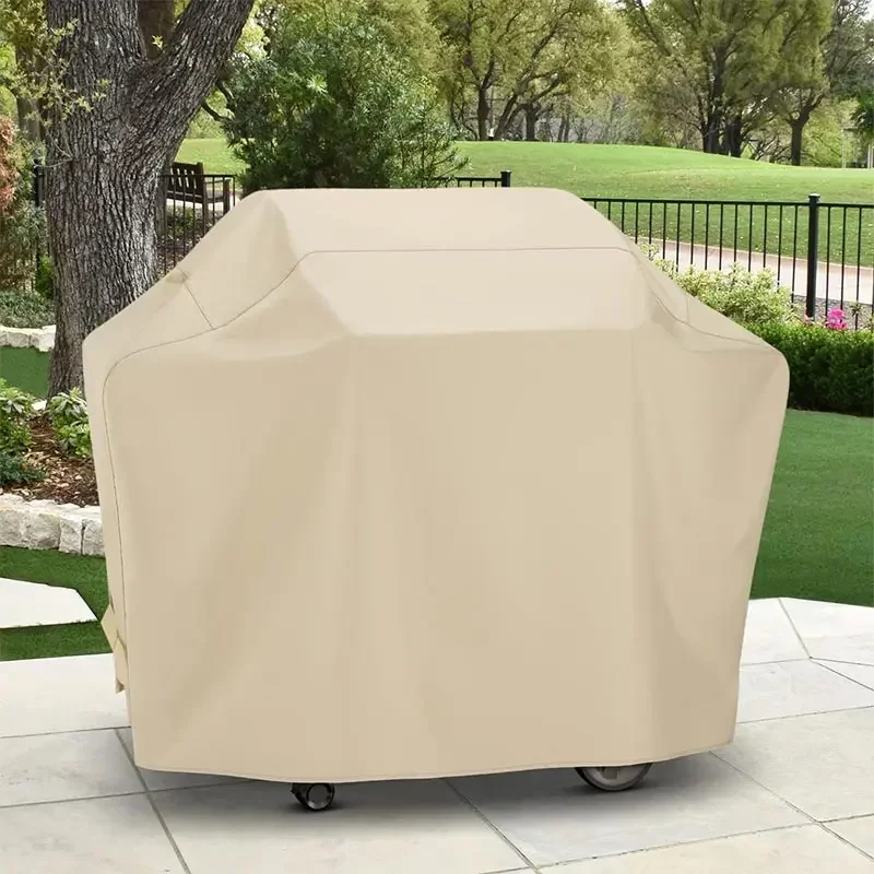 Beige 420D Oxford Cloth Barbecue Cover Sunscreen Rainproof Dustproof Stove Cover for Courtyard with Handle And Folding Rope