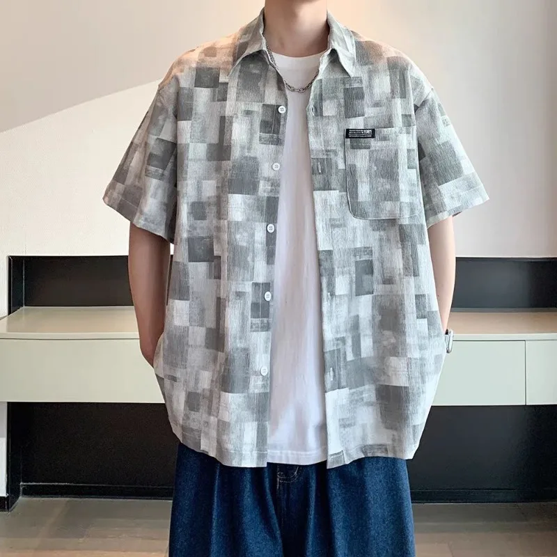 

Summer Men's Casual Button-up Shirts Thin Tie-dye Loose Fit Lapel Shirts Plaid Contrast Color Pattern Half Sleeve T-Shirt