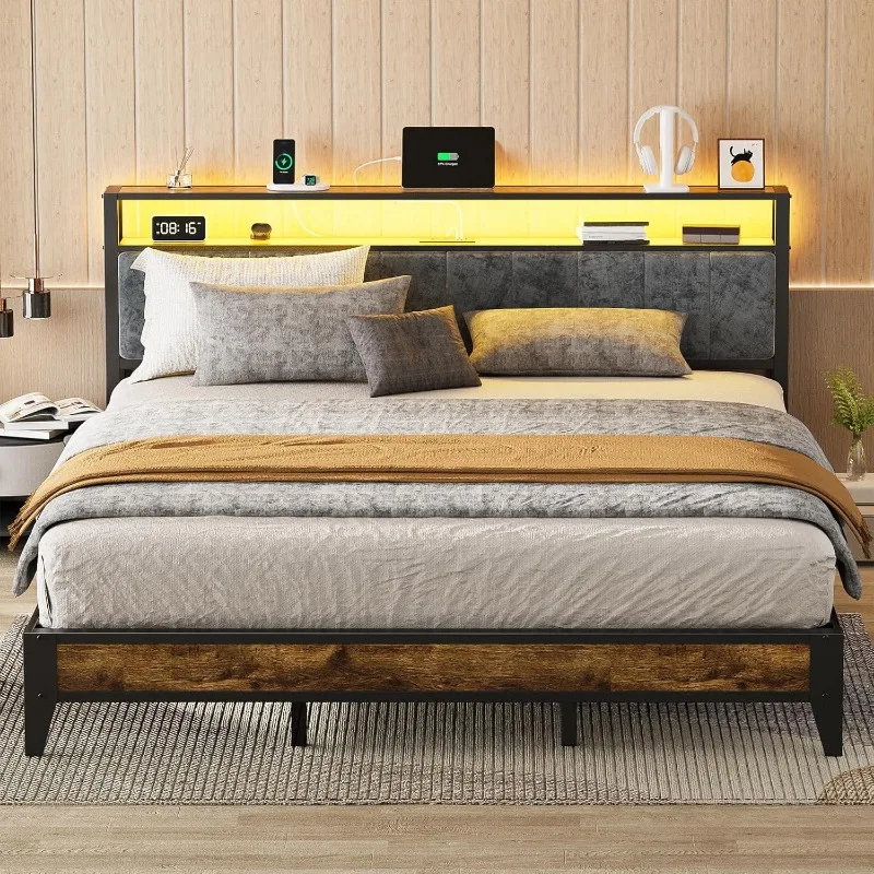 Frame with Headboard, Metal Platform Bed Queen Size with 2-Tier Storage, LED Light & Charging Station