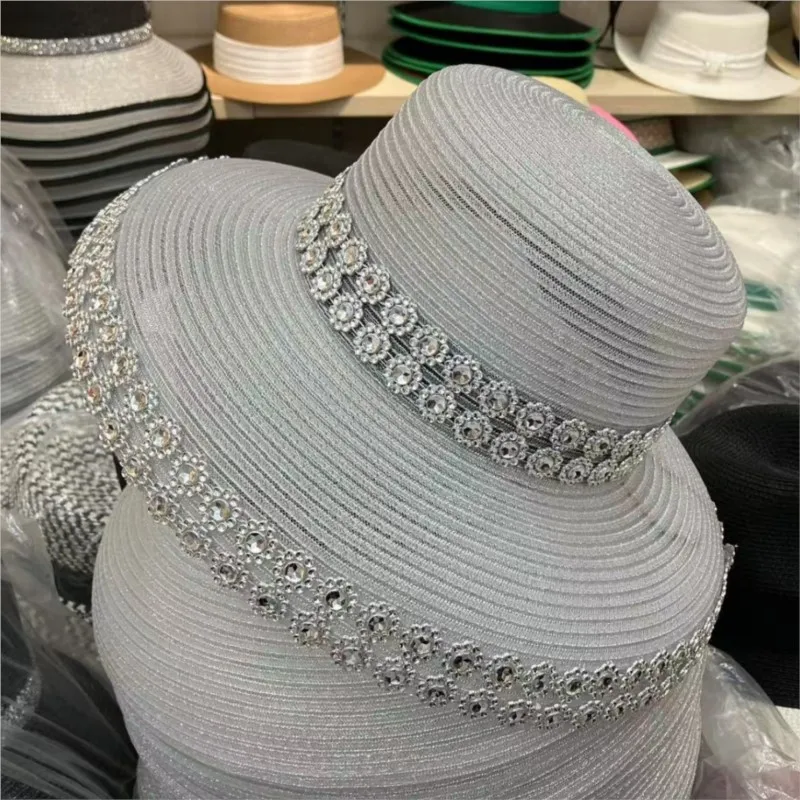 Spring and summer woven basin hat silver-threaded foldable vacation Hepburn style female fisherman