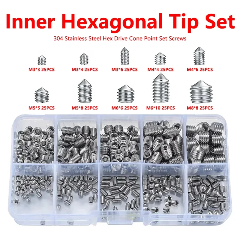 

250pcs/Box 304 Stainless Steel Hex Hexagon Socket Set Screws Cone Point Grub Screw M3 M4 M5 M6 M8