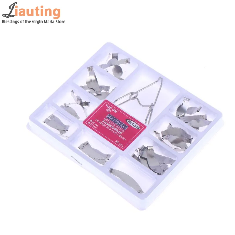*New 36Pcs/Box Metal Dental Saddles Contoured Metal Matrices Matrix Kit With Spring Clipse 0.05MM Sectional Forming Clips Kit