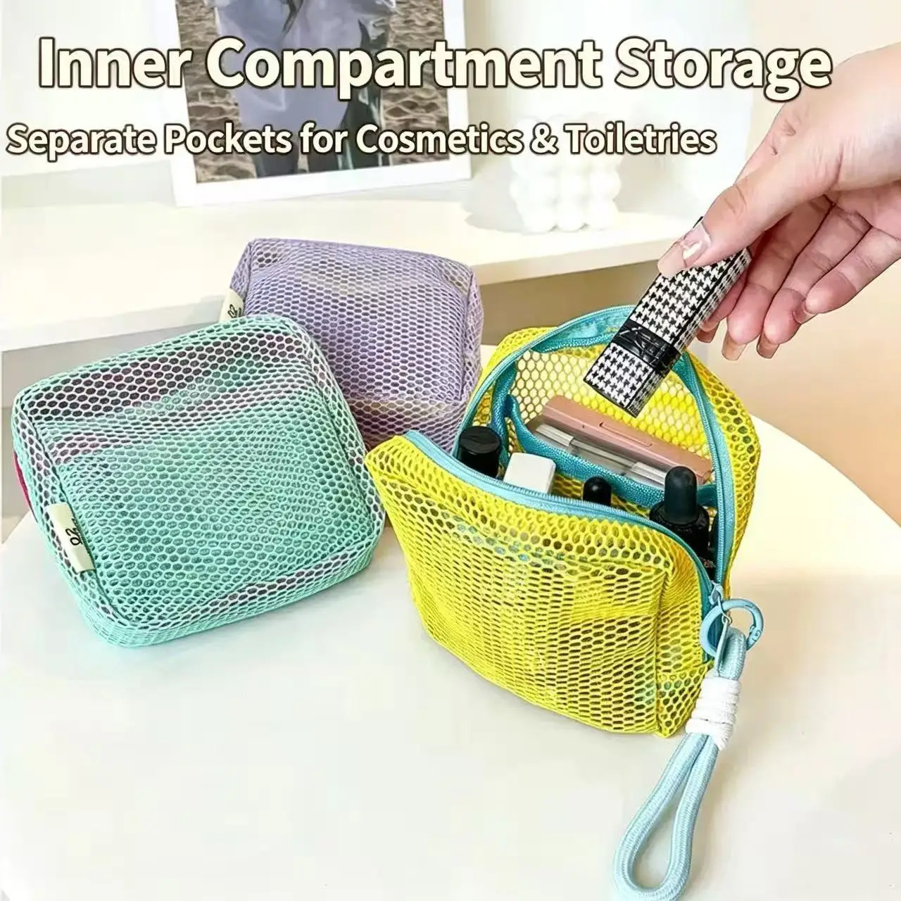 Portable Mesh Grid Small Cosmetic Bag Dopamine Color Square Travel Storage Bag Mini Coin Purse With Wrist Strap