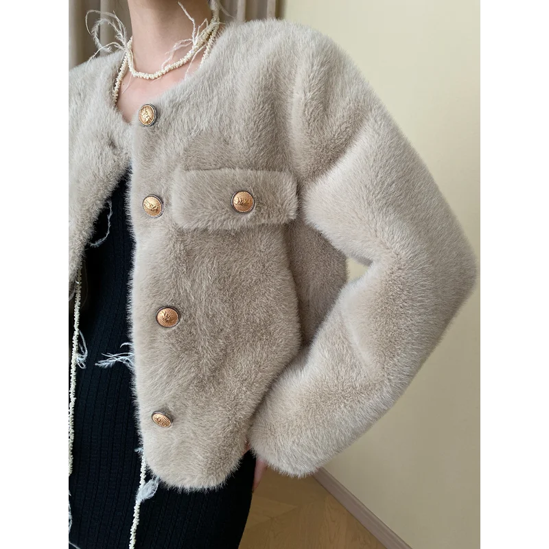 French Mink Fur Thick Women Coat Autumn Winter Casual O Neck Loose Wild Fashion Fur One Whit Black Daily Ladies Faux Fur Coat