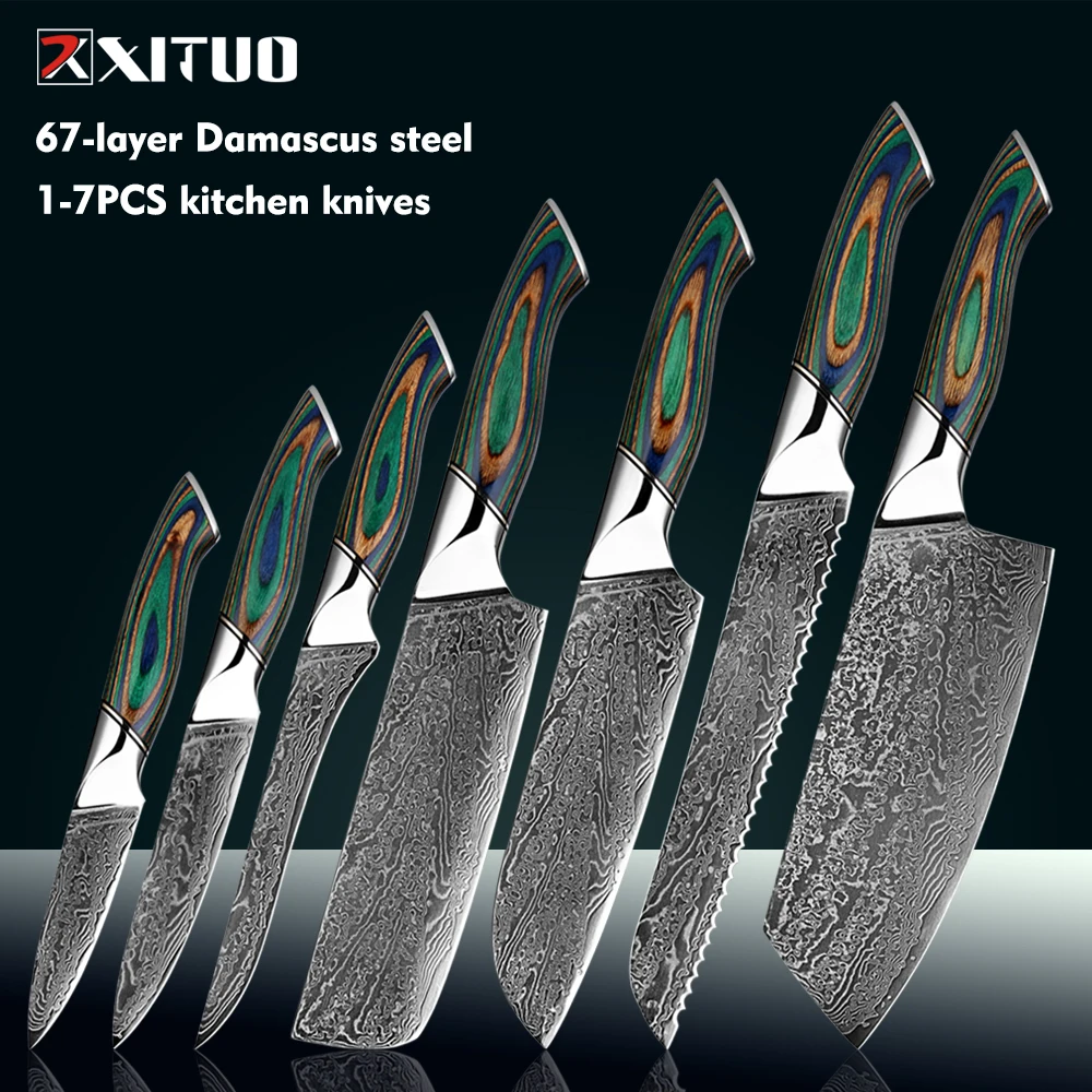 1–7 Stück Kochmesser-Set, Damaststahl, Brot, Santoku, Hackmesser, Stäbchen, Knochen, professionelle Kochmesser, grüner Holzgriff