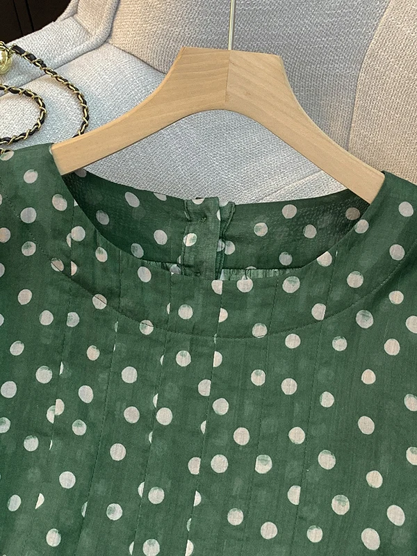 Artistic Green Polka Dot Cotton Linen Long Sleeve Women's Shirt Autumn Belly Cover Slim round Neck Doll Top Beautiful Top