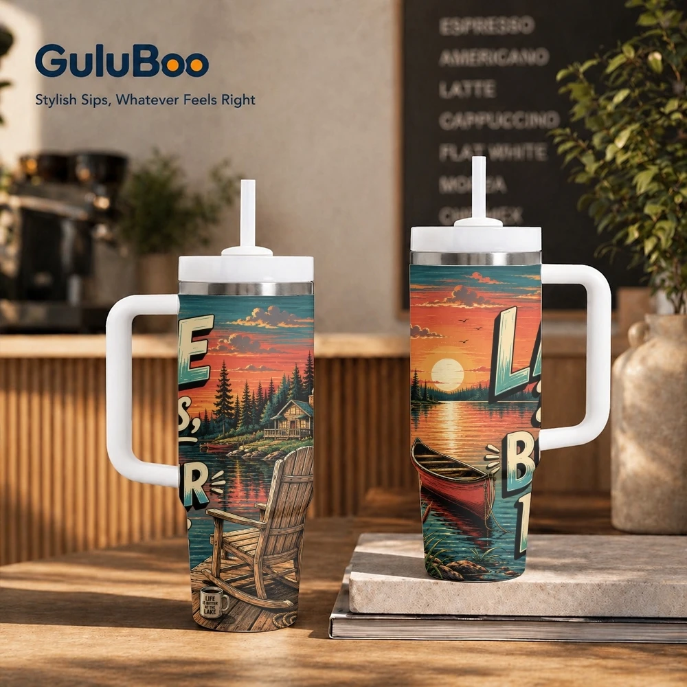 Lake Life Sunset Canoe Vacuum Flasks 40oz Stainless Steel Insulated Tumbler with Handle & Straw Leakproof Travel Mug