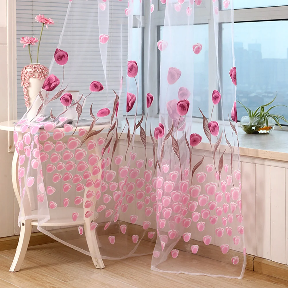 100x200cm Transparent Tulip Flower Sheer Curtains Window Screen Tassel Floral Tulle Voile Door Scarf Drapes Valance for Bedroom