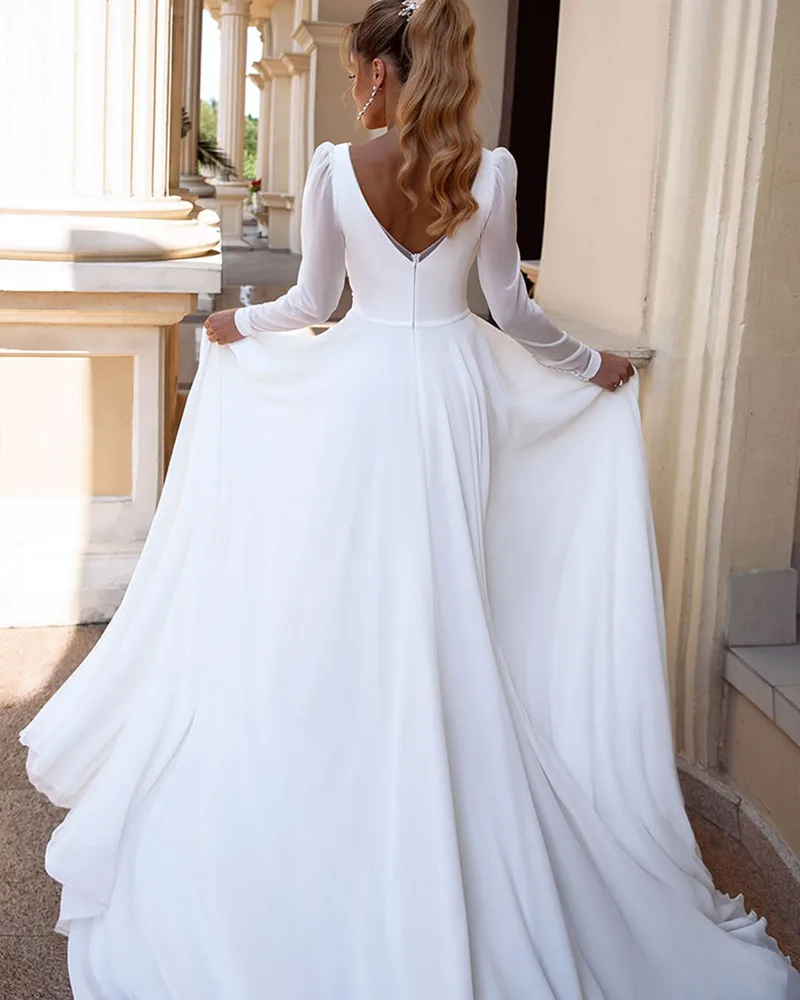 Elegante Brautkleider A-Linie V-Ausschnitt Langarm Chiffon Brautkleider für Brautjungfer Bankett Geburtstags feier Abschluss ball Cocktail