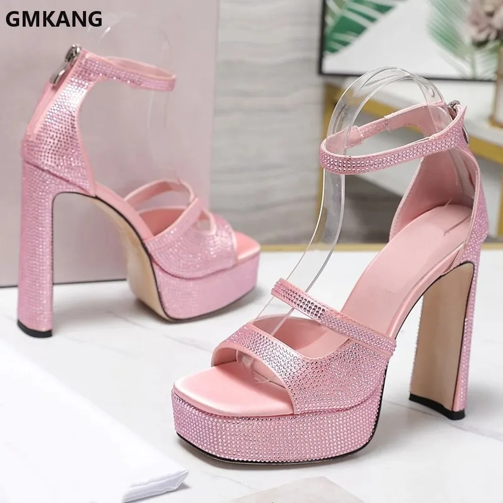 Shiny Crystal Platform Square Toe Sandals Women Sexy Zipper Chunky Heel Evening Party Dress Shoes Comfortable Casual GMKANG