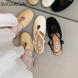 SUOJIALUN 2025 New Brand Women Flat Shoes Fashion Round Toe Ladies Elegant Single Shoes Soft Flat Heel Outdoor Dress Sandal Shoe