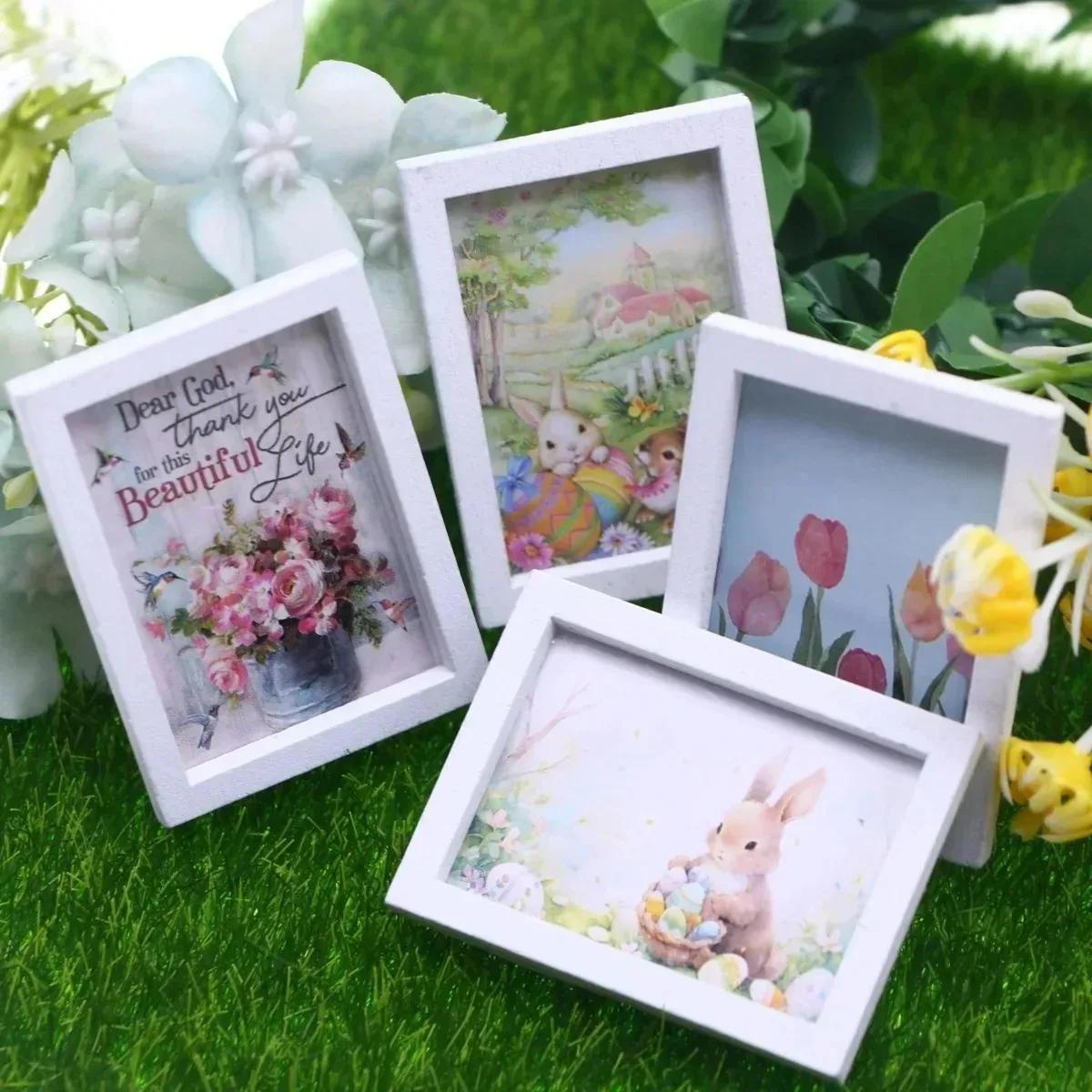 4Pcs Set Mini Easter Bunny Wall Murals Dollhouse Accessories Mini Scene Decor For Bedroom Living Room