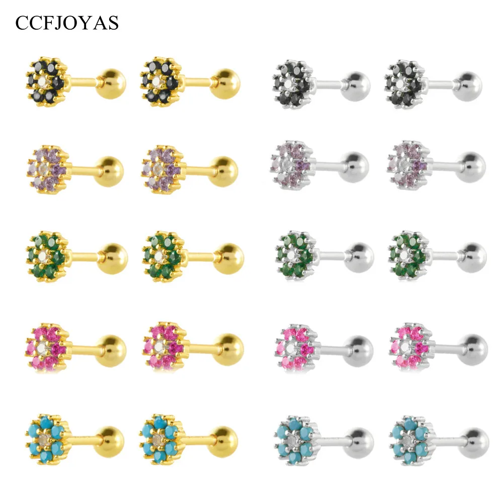 

CCFJOYAS 925 Sterling Silver Cute Mini Colorful Zircon Flower Stud Earrings Simple ins Rose red/Purple/Green Crystal Earrings